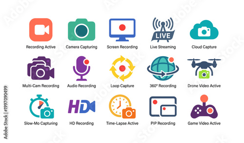 Recording and capture icons for video functions on white background