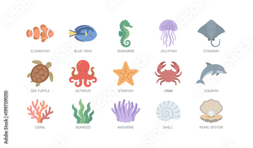 Marine life icons set showing sea creatures and coral reef elements