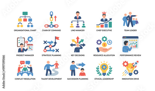Business leadership icons set showing management roles and planning