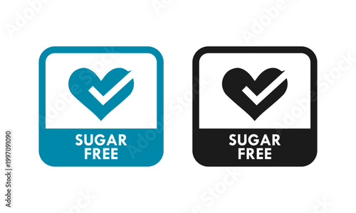 Professional sugar free logo badge featuring a heart and check mark symbol in circular frame. Ideal for healthy food packaging, organic products, and diabetic friendly diet branding.
