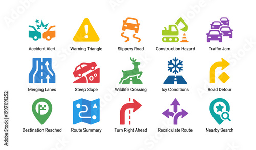 Traffic and hazard icons arranged in grid on white background