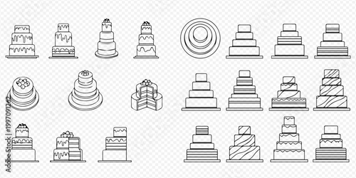 Set of various wedding cakes and tiered desserts outline icons, perfect for celebrations and special occasions.