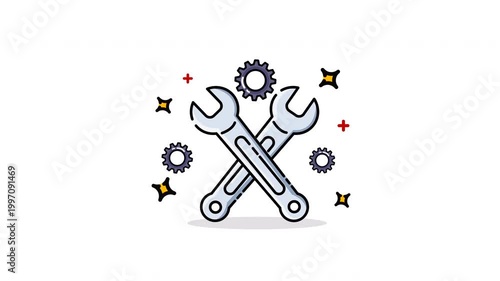 Animated crossed wrenches amidst gears and sparkles perfect for engineering, mechanical, or industrial themed designs needing a dynamic touch.