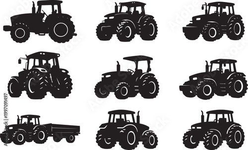 Three black tractor silhouettes on a white background