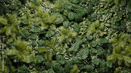 Dense layers of green leaves fill the ground in a forest setting. Different types of plants and ferns create a natural, vibrant scene under daylight. 3d render