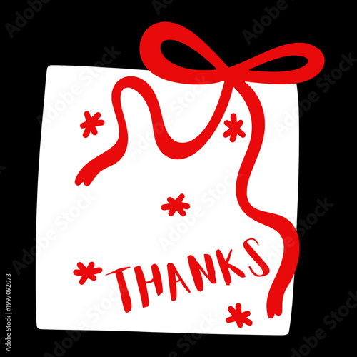 A white gift card with a red ribbon and the word thanks
