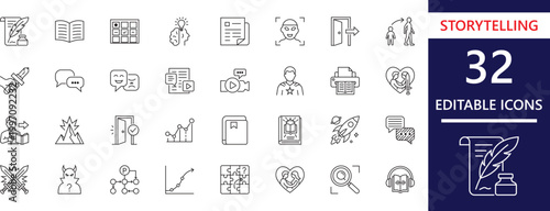 Storytelling outline Icon Set for content creators, story, writer, publishing, blog, inspiration, AI writing tools, and podcast metaphors.