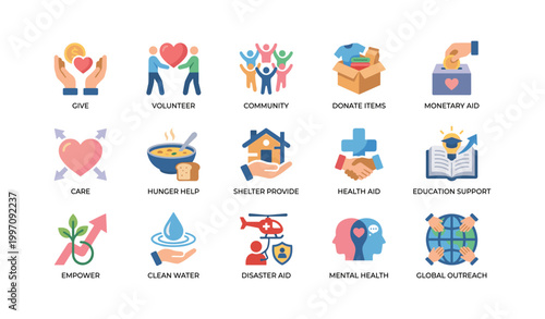 Charity and community support icons arranged in grid on white