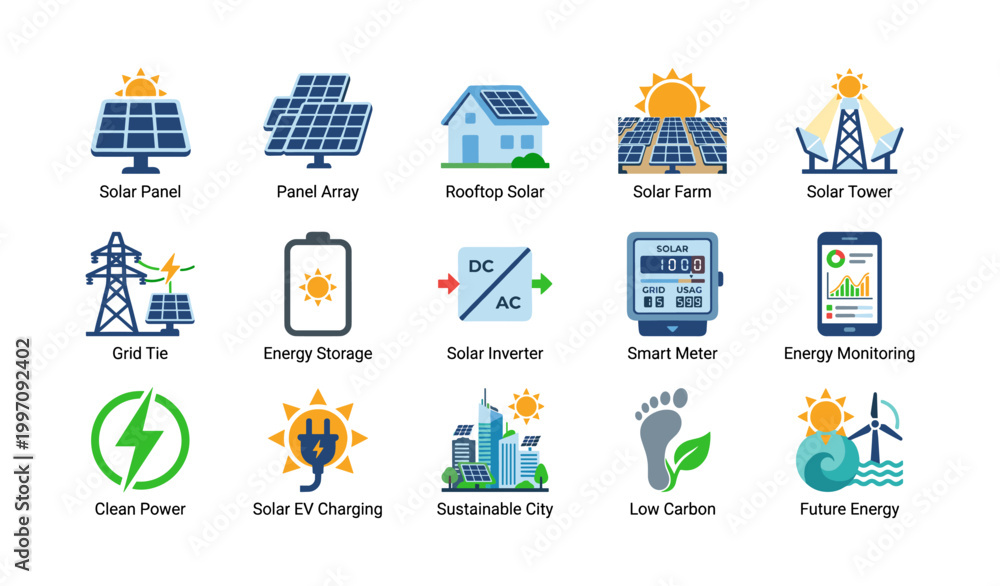 Fototapeta premium Solar energy icons displaying concepts on white background