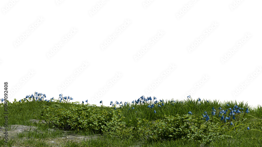 Obraz premium Blue flowers bloom in a green field with grass and rocks. sky is clear and bright. This scene shows nature during the afternoon with no people present. 3d render
