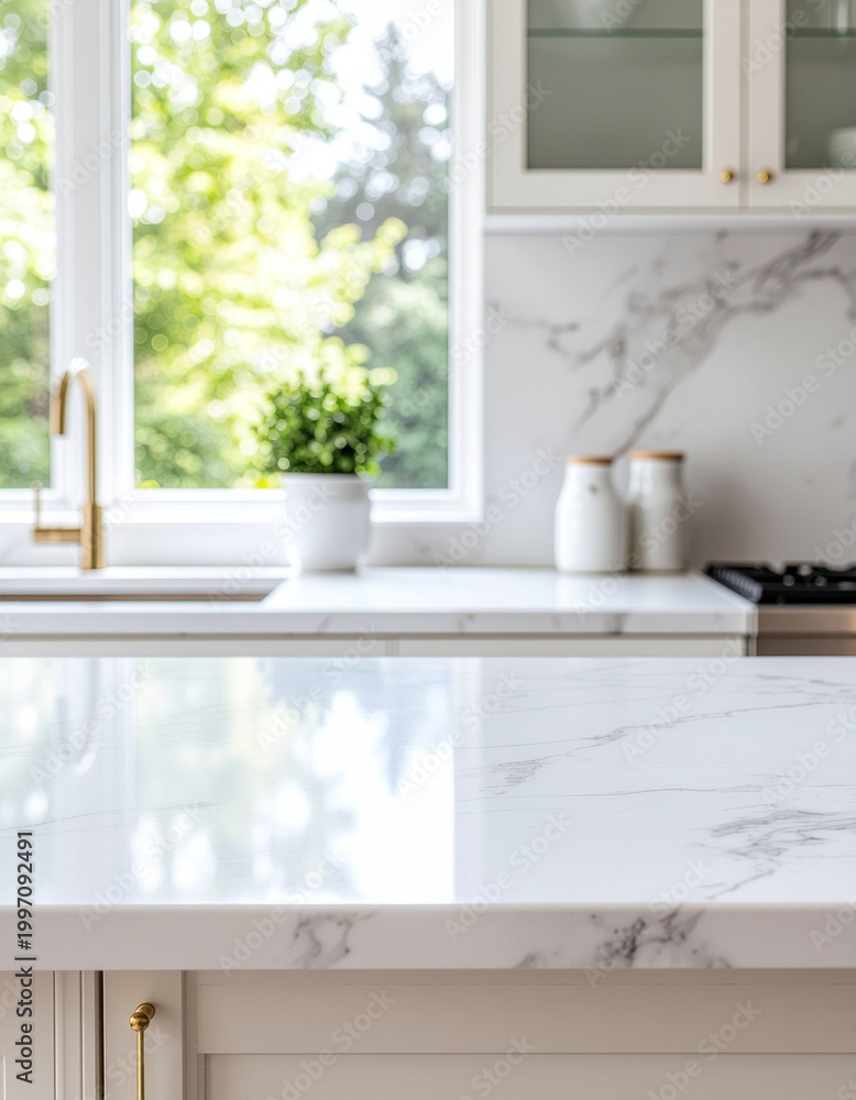 Fototapeta premium Sparkling Marble Kitchen Counter with Lush Green Outdoor View