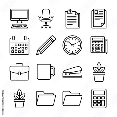 Collection of sixteen office and business icons for daily work and organization with office chair potted plant data entry web design vector illustration computer keyboard document clipboard