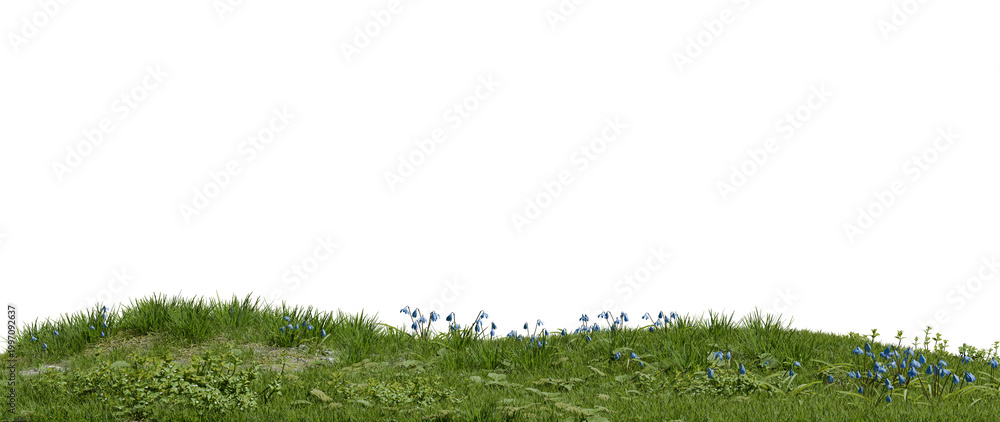 Obraz premium Grass covers a slope, with patches of small blue flowers scattered among the greenery. scene shows clear skies and bright light during daytime in an outdoor area. 3d render