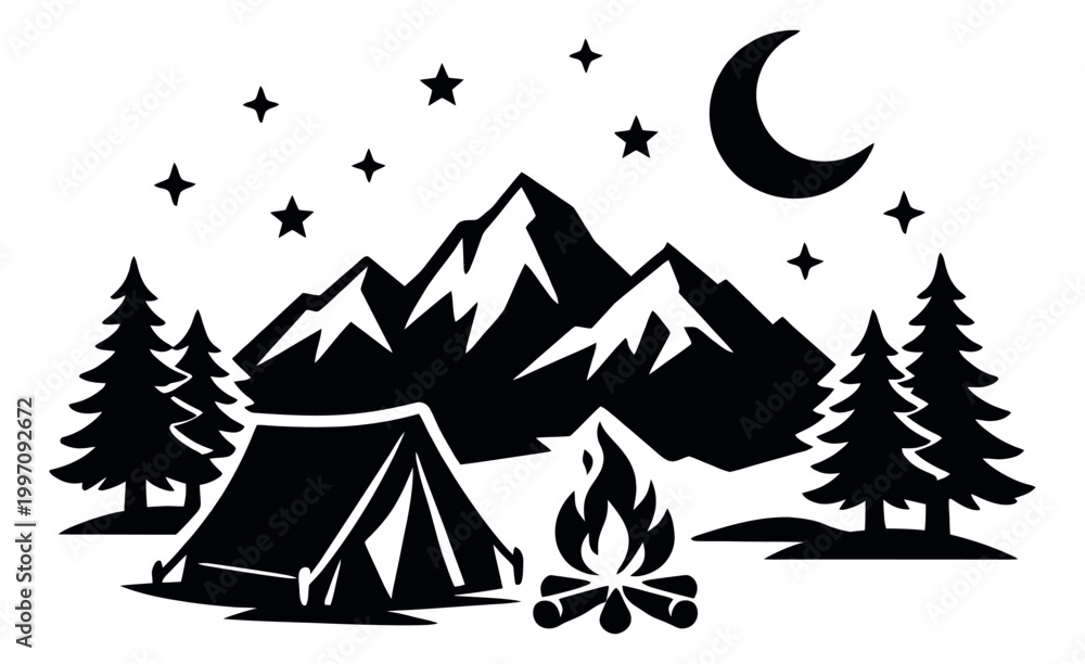 Obraz premium Black and white line art illustration of a night camping scene depicting mountains, trees, a tent, and a campfire for outdoor adventure