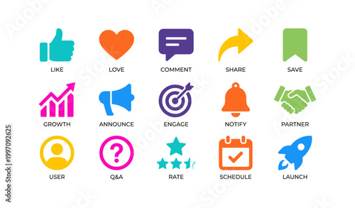 Social interaction and engagement icons grid on white background