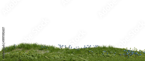 Grass covers a slope, with patches of small blue flowers scattered among the greenery. scene shows clear skies and bright light during daytime in an outdoor area. 3d render