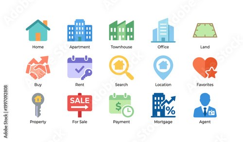 Real estate icons showing property and transaction concepts on white