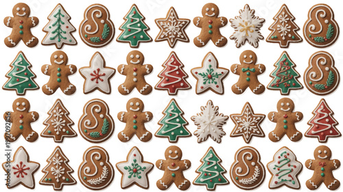 Assorted Christmas cookies with festive designs on white background