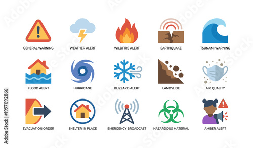 Emergency alert icons showing hazard warnings on white background
