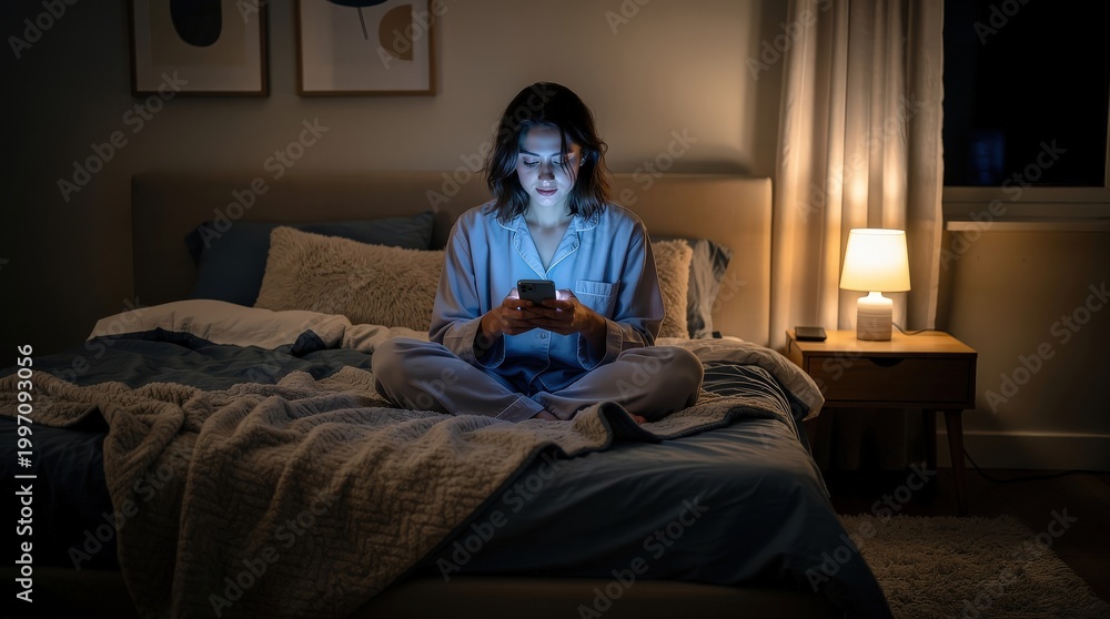 Obraz premium A woman sitting on a bed at night, engaged with her smartphone, illuminated by its light, surrounded by a cozy bedroom atmosphere.