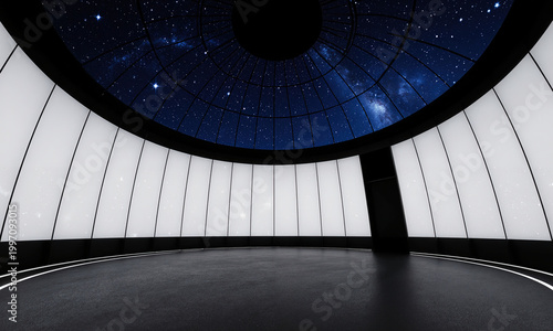 Planetarium dome stars inside a modern circular studio with glowing panels under a cosmic night sky view with copy space