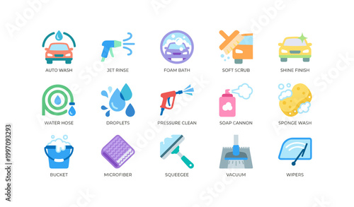 Car wash and cleaning supply icons arranged on white background