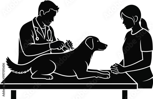 Professional veterinarian performing a health examination on a patient dog while an anxious owner watches closely in this clean black vector graphic illustration