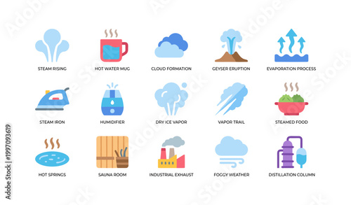 Vapor and steam icons arranged in grid on white background