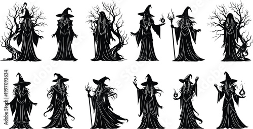 Silhouette of mystical witches in long robes and pointed hats with magic staffs and gnarled trees, black vector illustration set.
