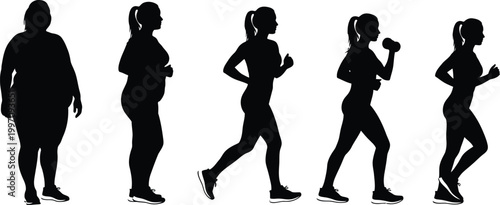 Professional vector illustration depicting the physical transformation journey of a woman exercising and running to achieve a healthy and fit toned athletic body