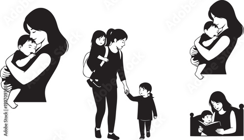 Mother and Children Silhouettes Set — Parenting, Caregiving, Family Bond, Everyday Life Vector Illustration
