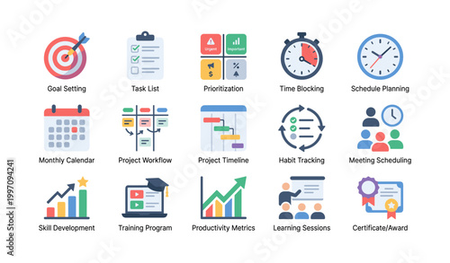 Productivity and scheduling icons showing planning and time management