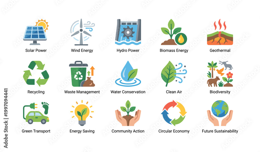 Fototapeta premium Renewable energy and conservation icons on white background
