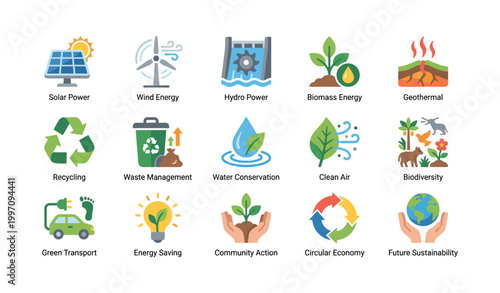 Renewable energy and conservation icons on white background