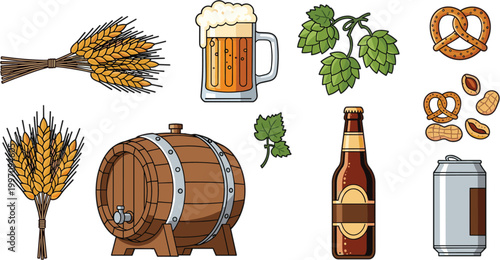 Beer Brewing and Pub Snacks Vector Set Featuring Beer Mug, Bottle, Barrels, Pretzels, Hops, and Wheat for Brewery and Pub Designs
