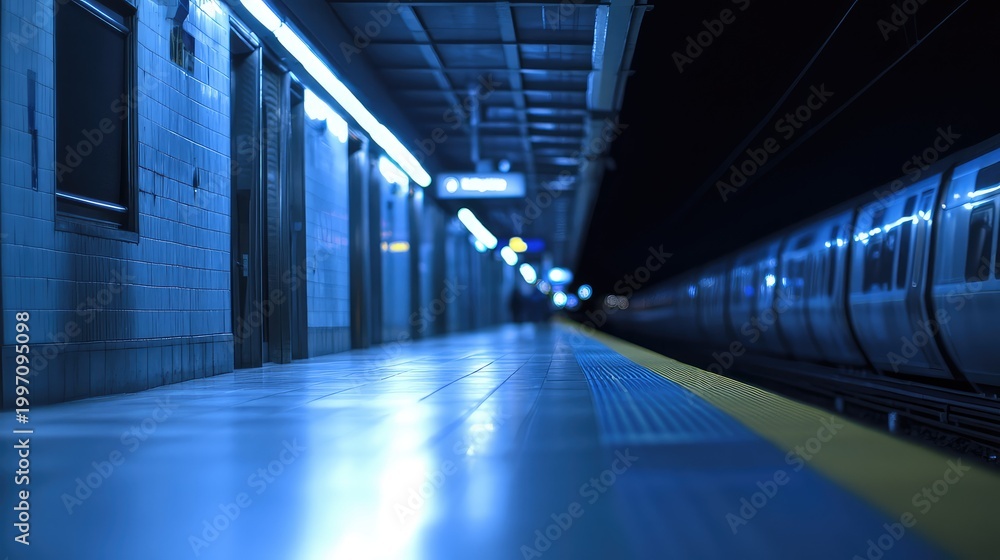 Fototapeta premium Empty subway station platform with a train arriving, illuminated by blue electric lights creating a cool, moody atmosphere in the quiet urban underground