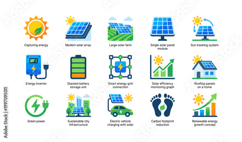 Solar energy icons showing panels and green infrastructure