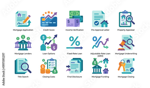 Mortgage process icons illustrating lending steps and documents grid