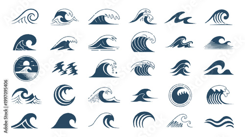 collection of ocean wave icons in various styles and designs for graphic resources