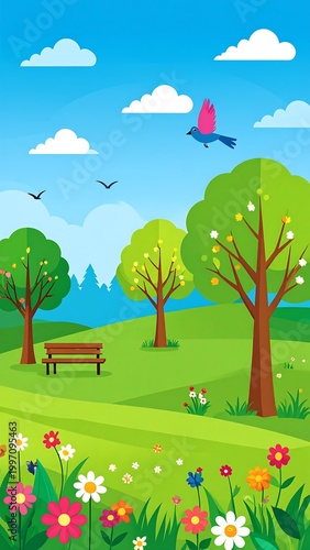 Colorful illustration of a park scene with trees, flowers, bench, clouds, and a flying blue bird under a blue sky
