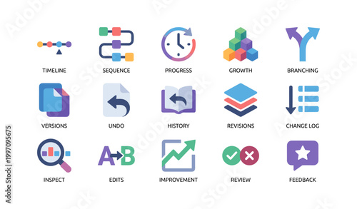 Workflow and version control icons arranged on white grid