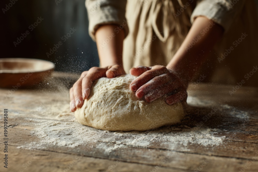 Fototapeta premium Female Hands Kneading Rustic Bread Dough in Warm Light Homemade Baking Scene