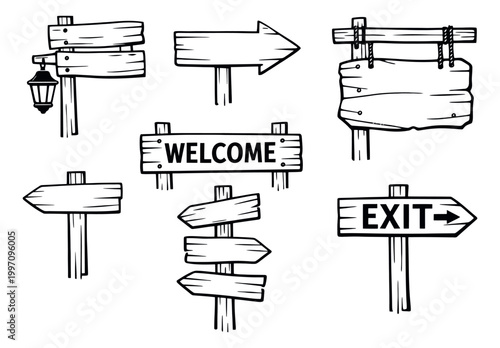 Hand drawn line art wooden sign set featuring welcome and exit signs, arrows, and a lantern for navigation