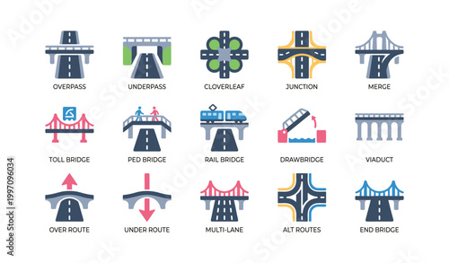 Bridge and road icons illustrating junctions on white background