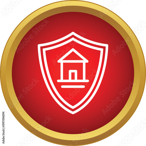 Shield with a house inside representing home security and protection on a red background