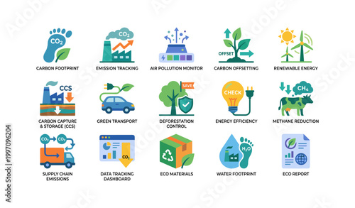 Sustainability and carbon management icons on white background