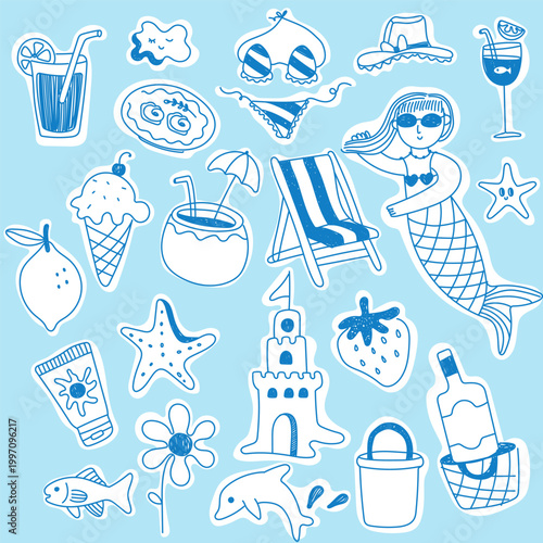 seamless pattern with accessories summer beach blue waves 