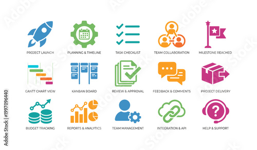 Project management icons illustrating workflow and delivery on white