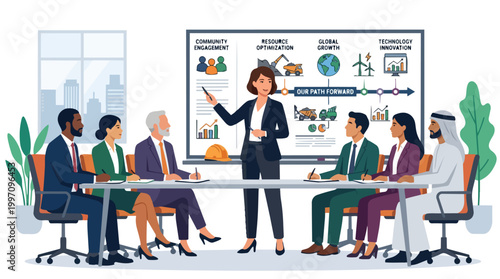 Diverse Business Team Meeting Presentation Strategy Planning Corporate Collaboration Industry Growth Resource Optimization