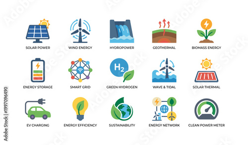 Renewable energy technology icons in grid on white background